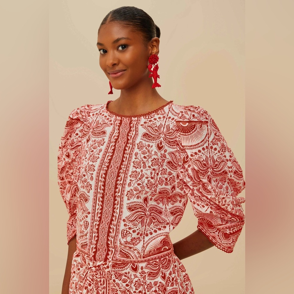 FARM Rio Red and White Printed Puff-Sleeve Blouse